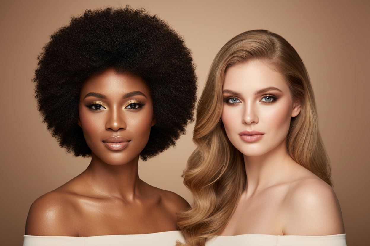 immage de deux femmes sublimes sur la meme photo : une femme africaine au bon cheveux afro et une femme occidentale avec un arrière plan marron clair pour une niche de beauté